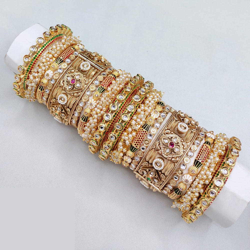 Lucentarts Jewellery Designer Kundan With Pearl And Meenakari Openable Bangles Set