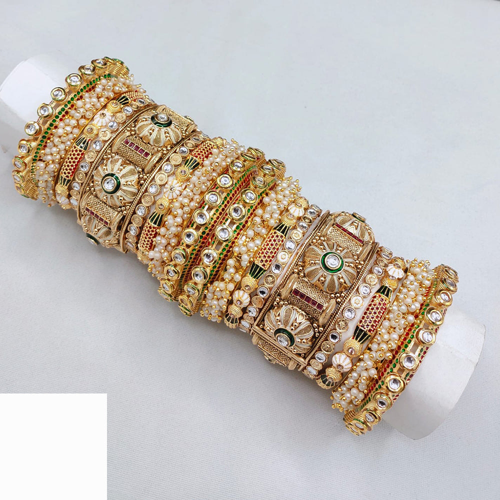 Lucentarts Jewellery Designer Kundan With Pearl And Meenakari Openable Bangles Set