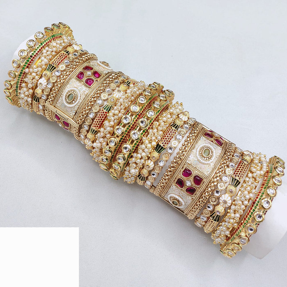 Lucentarts Jewellery Designer Kundan With Pearl And Meenakari Openable Bangles Set