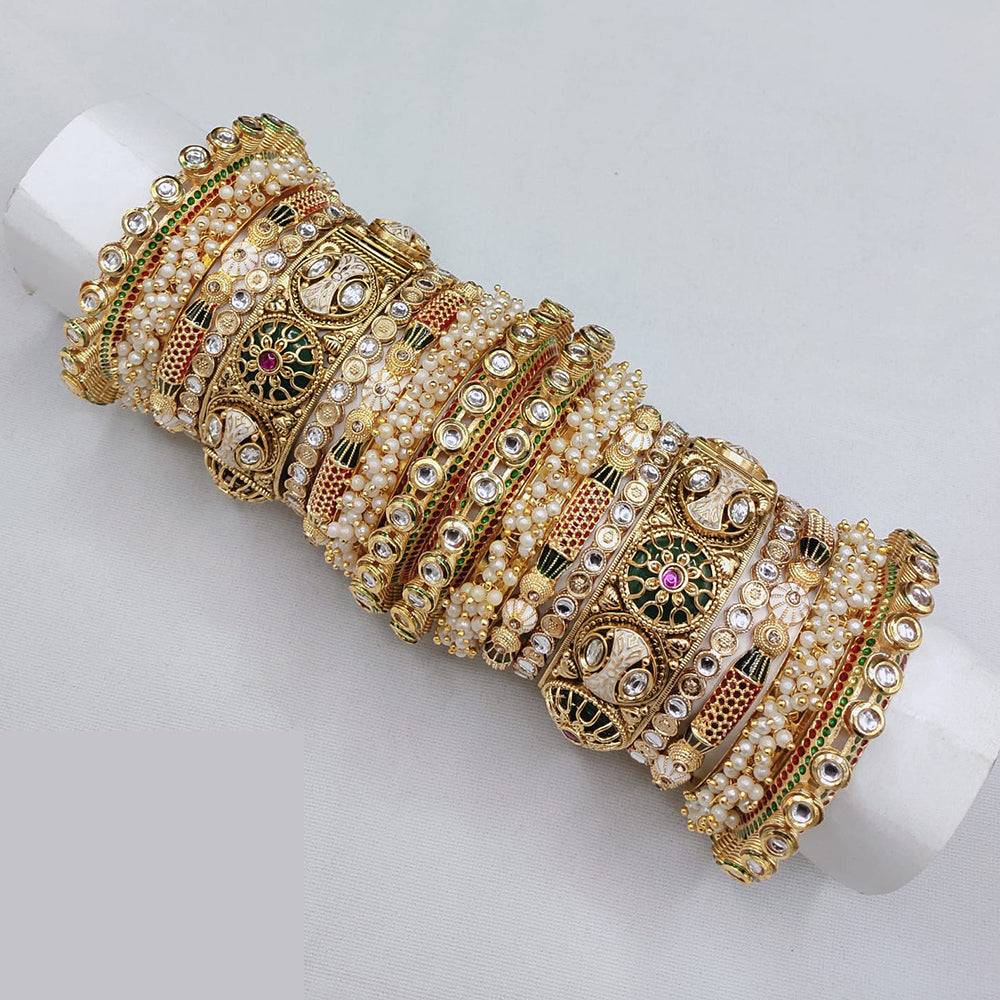Lucentarts Jewellery Designer Kundan With Pearl And Meenakari Openable Bangles Set