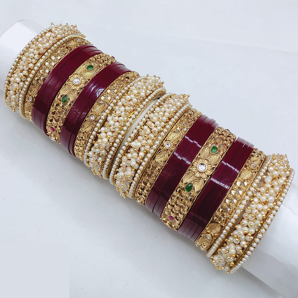 Lucentarts Jewellery Premium Kundan  Stone And Pearl Acrylic Bridal Bangles Set