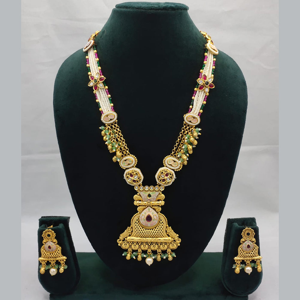 Lucentarts Jewellery Exquisite Kundan Stone and Pearl Long Necklace Set With Meenakari Work