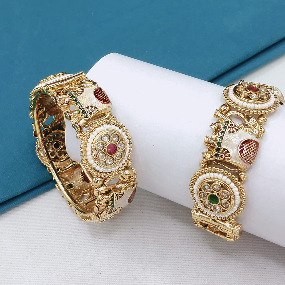 Lucentarts Jewellery Designer Crystal And Pearl Meenakari Openable Bangles Set