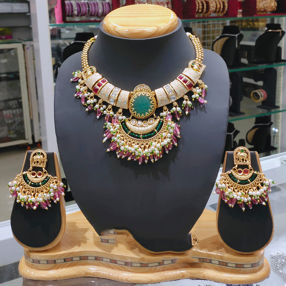 Lucentarts Jewellery Elegant Pota Stone Pearl And Beaded Meenakari Necklace Set