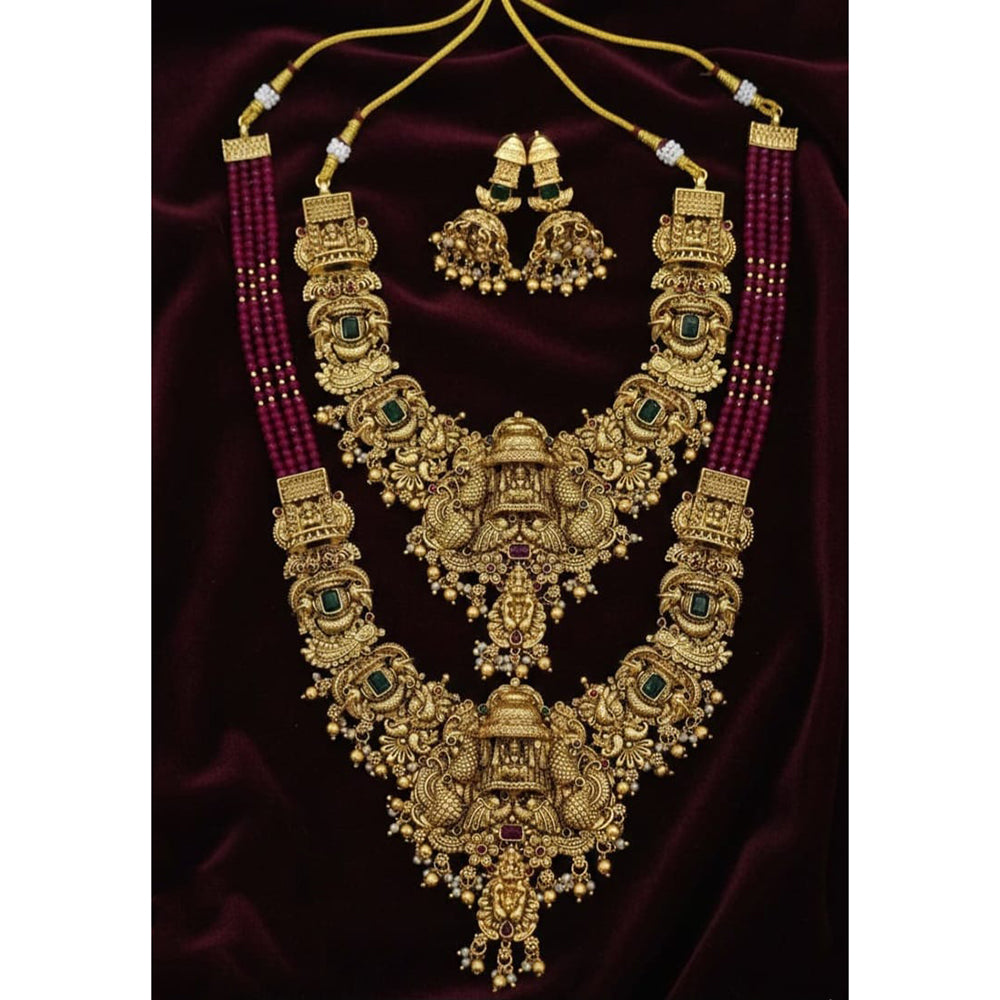 Lucentarts Jewellery Temple Style Pota Stone And Pearl Double Necklace Set