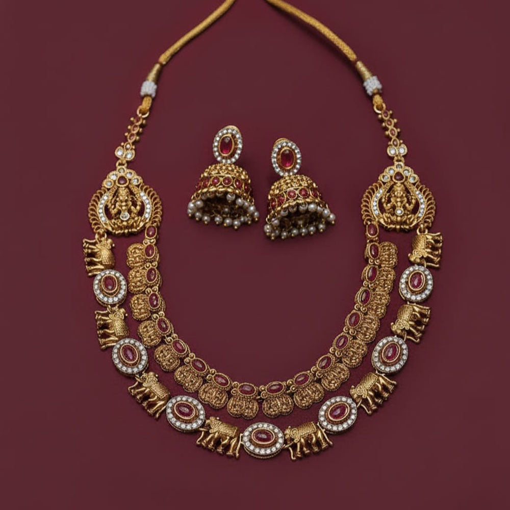 Lucentarts Jewellery Traditional Pota Stone And Austrian Stone Temple Necklace Set With Goddess And Elephant Motifs