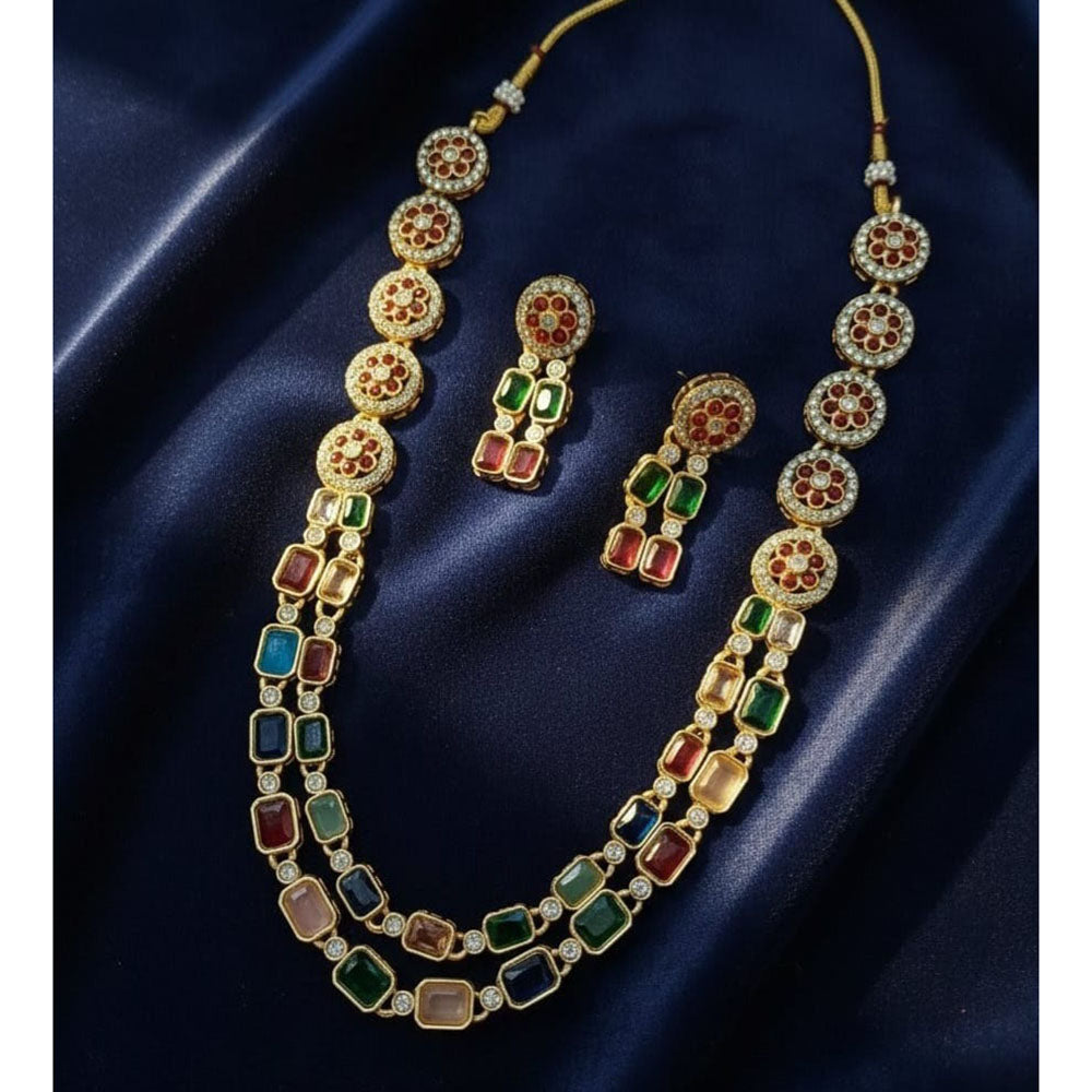 Lucentarts Jewellery Regal Pota Stone And American Diamonds Long Necklace Set With Flower Motifs