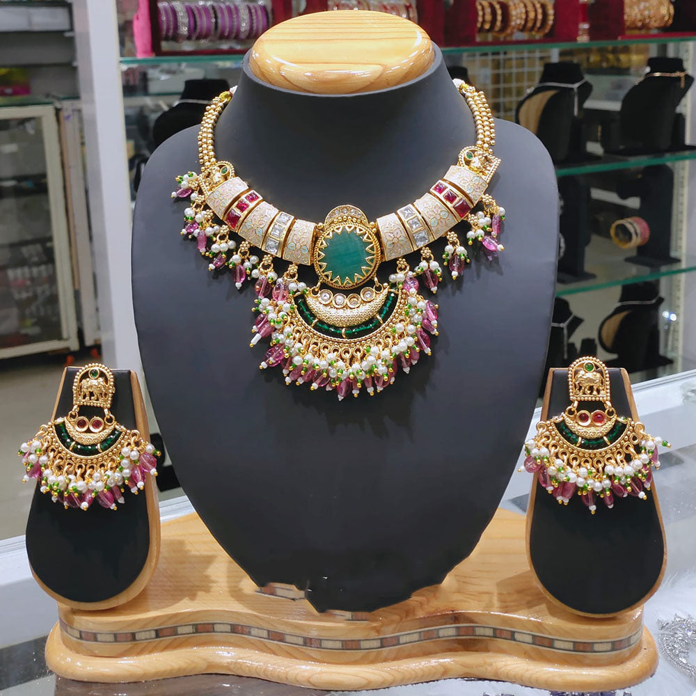 Lucentarts Jewellery Elegante Meenakari Pota Stone And Pearl Choker Necklace Set With Flower And Elephant Motifs