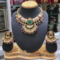Lucentarts Jewellery Elegante Meenakari Pota Stone And Pearl Choker Necklace Set With Flower And Elephant Motifs