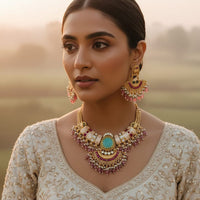 Lucentarts Jewellery Elegante Meenakari Pota Stone And Pearl Choker Necklace Set With Flower And Elephant Motifs