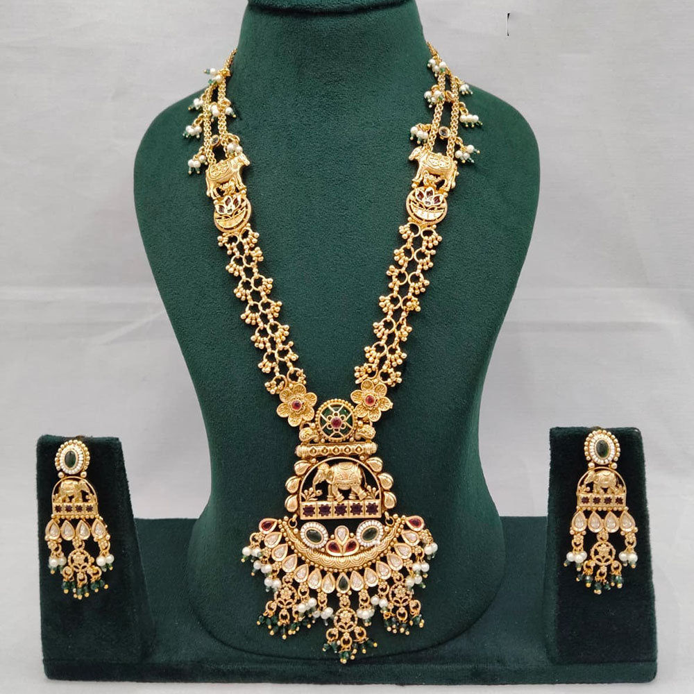 Lucentarts Jewellery Aavahan Pota Stone And Pearl Long Necklace Set With Elephant And Flower Motifs