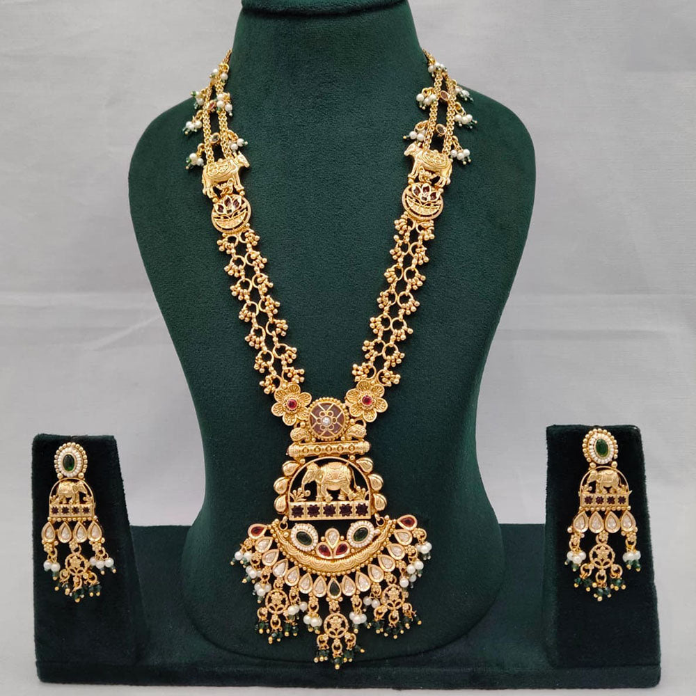 Lucentarts Jewellery Aavahan Pota Stone And Pearl Long Necklace Set With Elephant And Flower Motifs