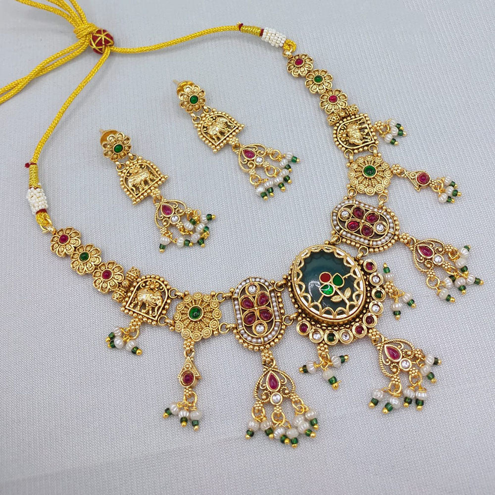 Lucentarts Jewellery Regal Elephant Motif Pota Stone And  Pearl Necklace Set