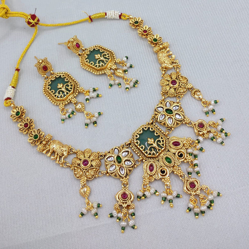 Lucentarts Jewellery Regal Elephant Motif Pota Stone And  Pearl Necklace Set