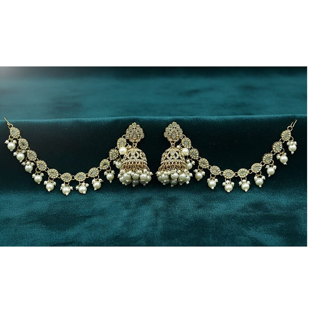 Lucentarts Jewellery Elegant Austrian Pearl And Beads Jhumki Earrings With Maangtikka