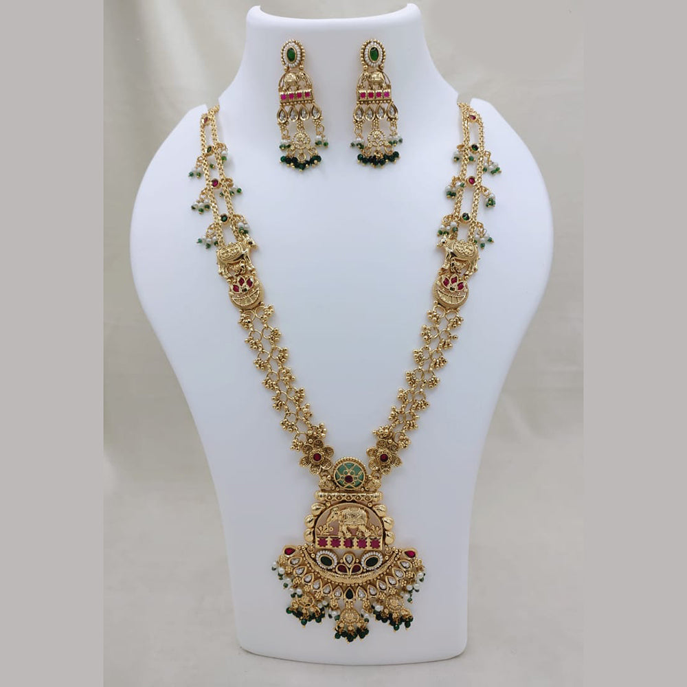 Lucentarts Jewellery Elegant Ethnic Pota Stone And Pearl Designer Long Necklace Set With Elephant Motifs