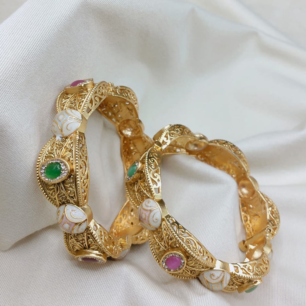 Lucentarts Jewellery Designer Pota Stone And Pearl Meenakari Openable Bangles Set