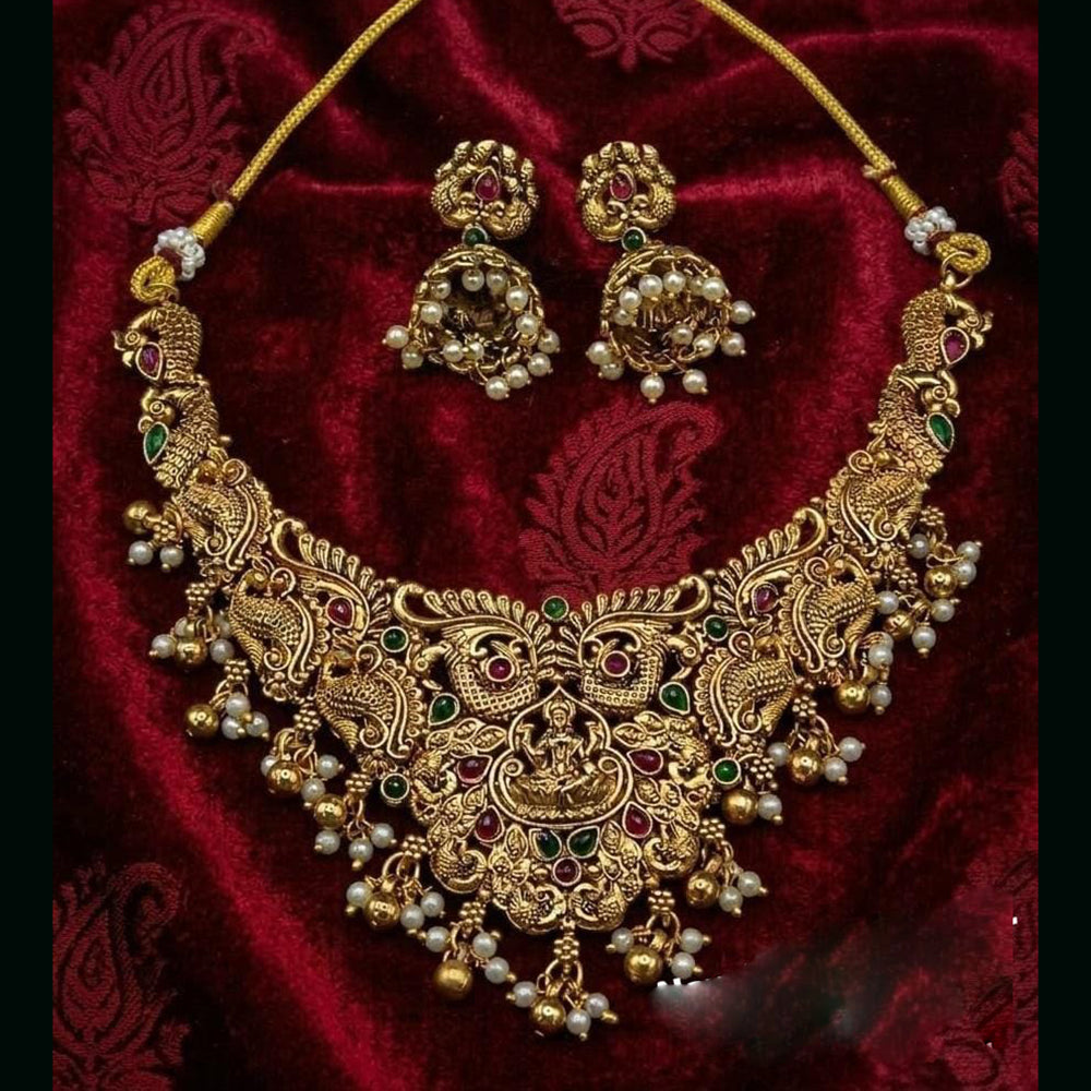 Lucentarts Jewellery Traditional Pota Stone And Pearl Temple Necklace Set