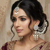 Lucentarts Jewellery Premium Kundan Stone And Pearl Jhumki Earrings With Kanchain