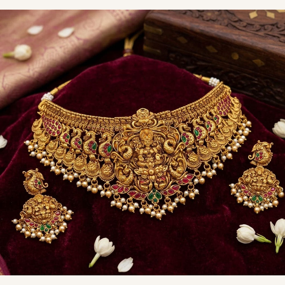 Lucentarts Jewellery Elegant Pota Stone And Pearl Temple Necklace Set