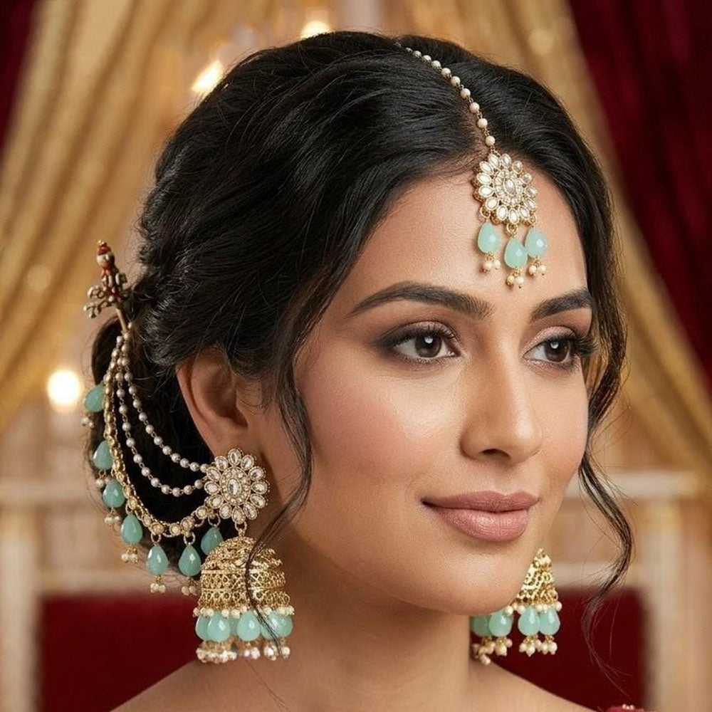 Lucentarts Jewellery Elegant Kundan Stone  And Beads Jhumki Earrings With Maangtikka