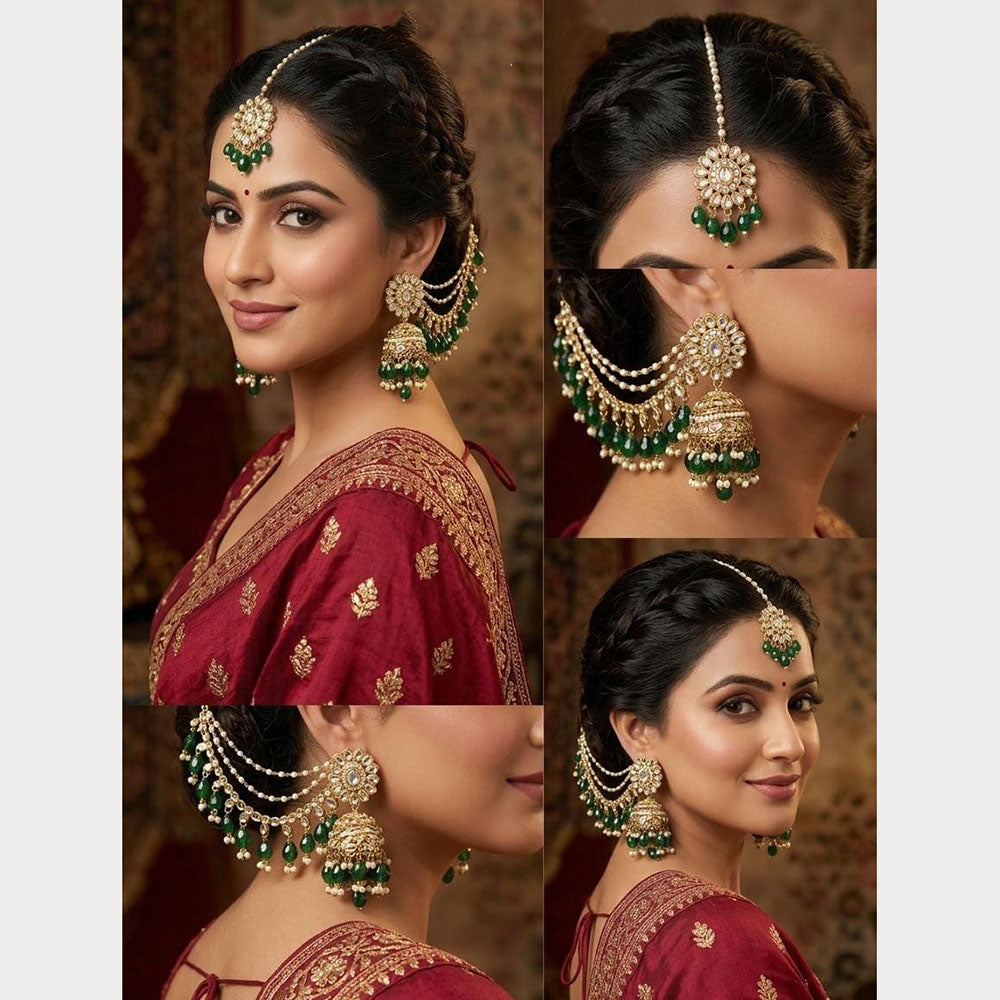 Lucentarts Jewellery Elegant Kundan Stone  And Beads Jhumki Earrings With Maangtikka