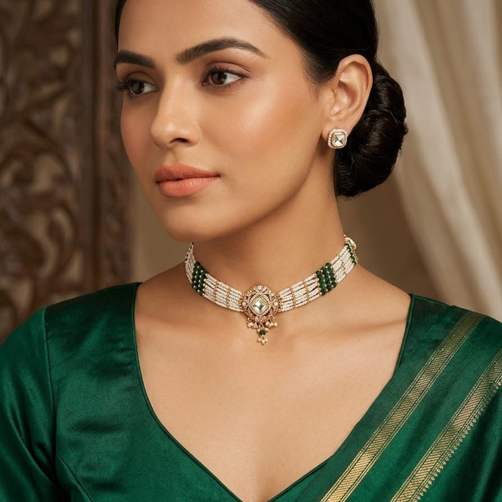 Lucentarts Jewellery Designer Crystal Stone Pearl And Beads Choker Necklace Set