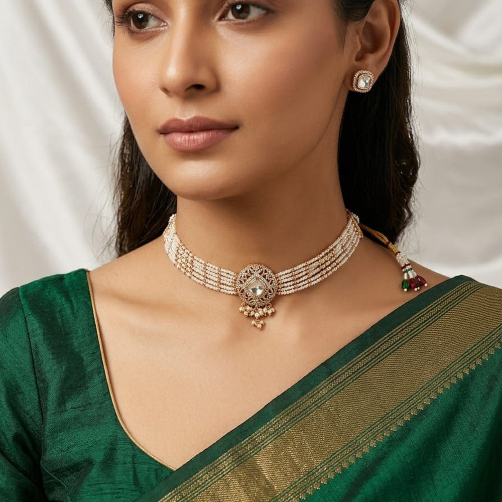 Lucentarts Jewellery Designer Crystal Stone Pearl And Beads Choker Necklace Set