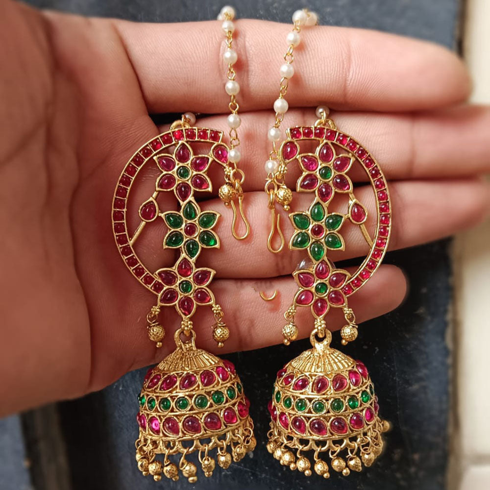 Lucentarts Gold Plated Pota Stone And Pearl Traditional Jhumki Earrings