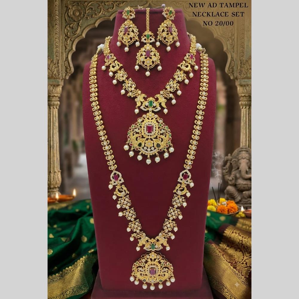 Lucentarts Jewellery Traditional American Diamond Double Layer Necklace Earring Set Matching Maang Tikka