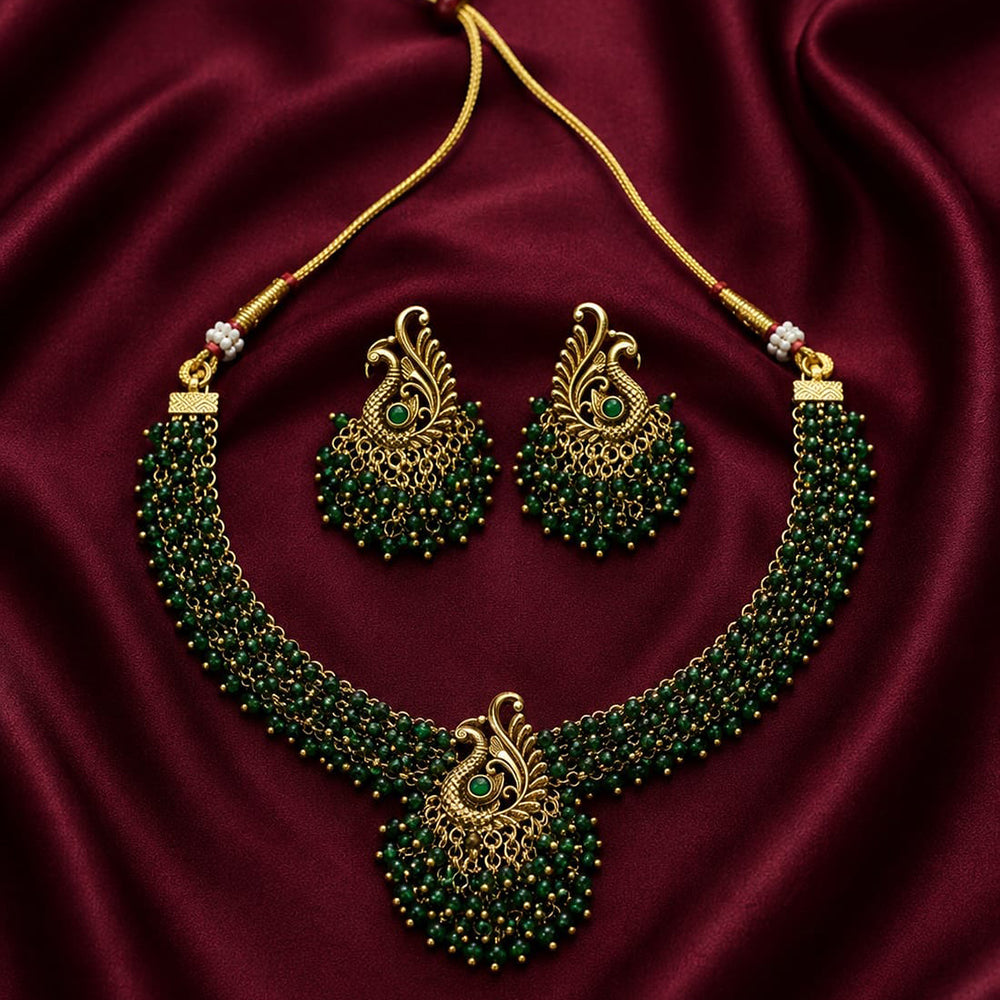 Lucentarts Jewellery Gold Plated Green Pearl Peacock Necklace Set