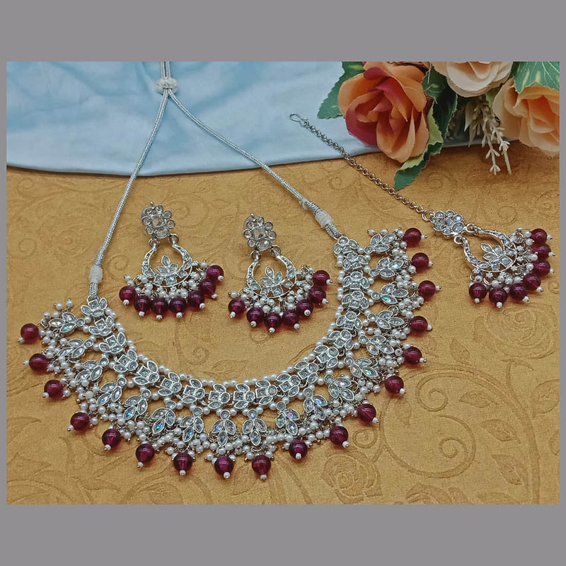 Sai Fashion Silver Plated Crystal Stone And Pearls Necklace Set