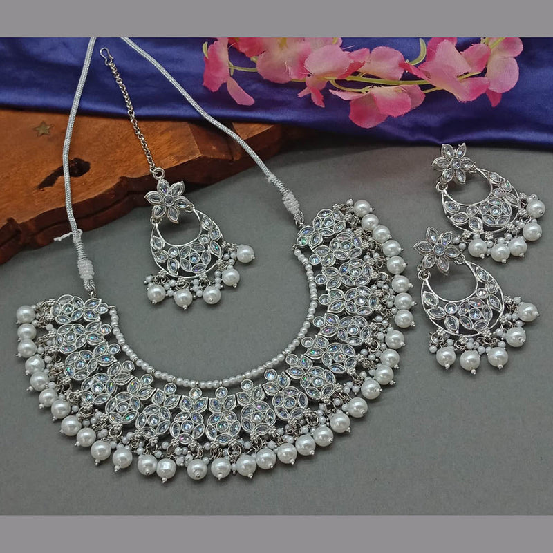 Sai Fashion Silver Plated Crystal Stone And Pearls Necklace Set