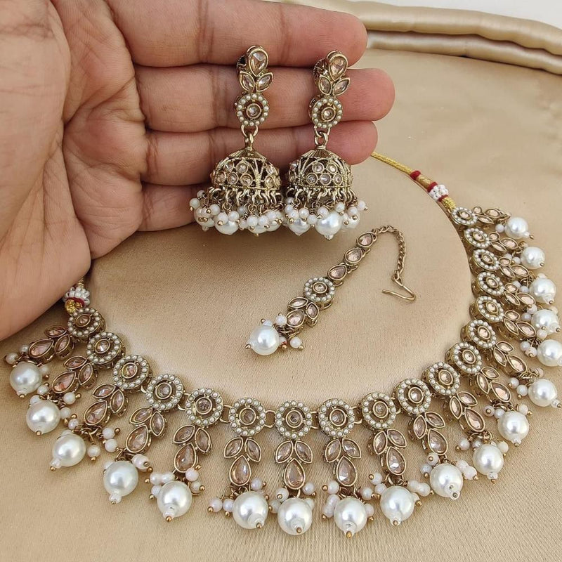 Sai Fashion Gold Plated Crystal Stone And Pearls Necklace Set