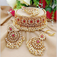 Sai Fashion Gold Plated Crystal Stone And Pearls Choker Necklace Set
