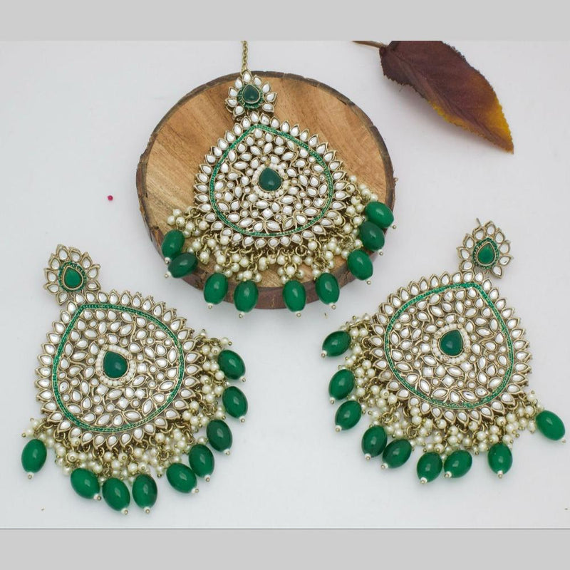 Sai Fashion Gold Plated Kundan Stone  And Pearls  Earrings With Maangtikka