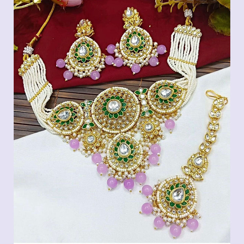 Sai Fashion Gold Plated Kundan Stone Beads And Pearls Meenakari Necklace Set