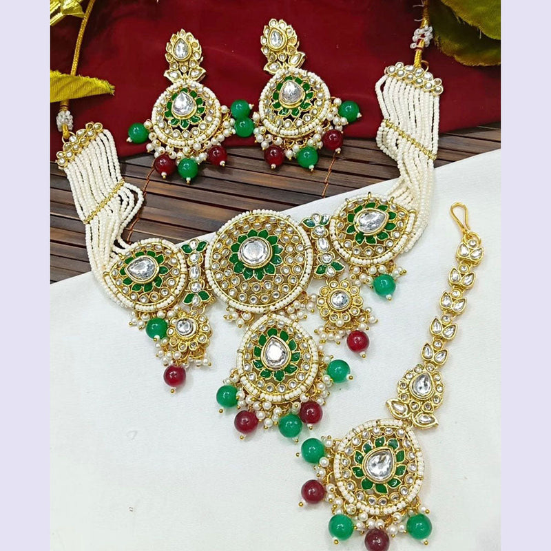 Sai Fashion Gold Plated Kundan Stone Beads And Pearls Meenakari Necklace Set