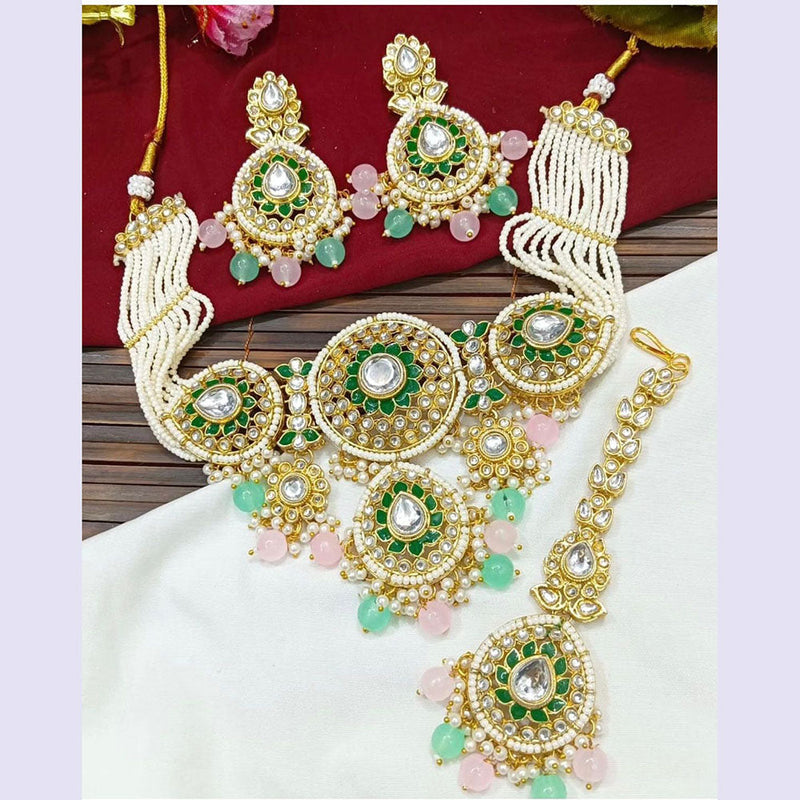 Sai Fashion Gold Plated Kundan Stone Beads And Pearls Meenakari Necklace Set