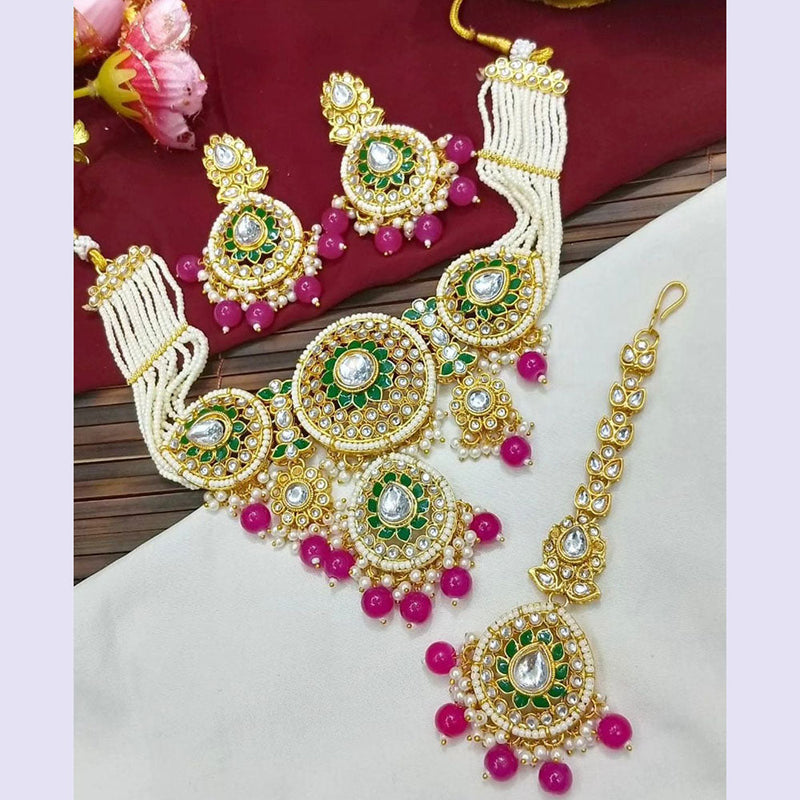 Sai Fashion Gold Plated Kundan Stone Beads And Pearls Meenakari Necklace Set