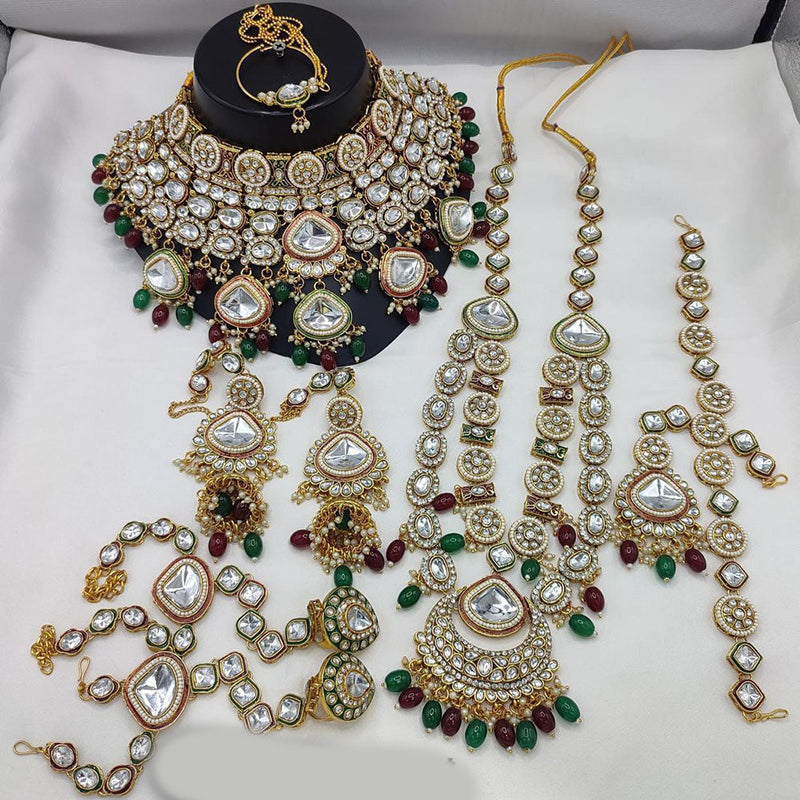 Sai Fashion Gold Plated Kundan Stone And Beads Meenakari Bridal Set