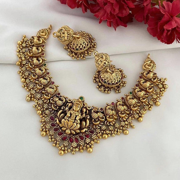 Sai Fashion Gold Plated Pota Stone And Pearls Temple Necklace Set