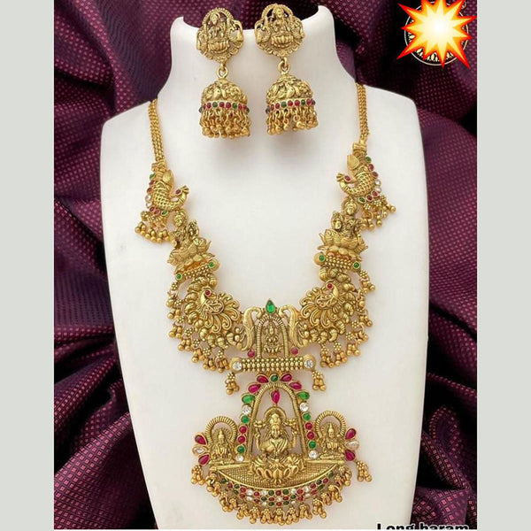 Sai Fashion Gold Plated Pota Stone And Pearls Temple Necklace Set