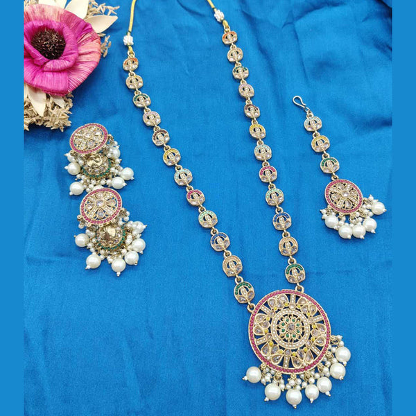 Sai Fashion Gold Plated Crystal Stone And Pearls Long Necklace Set