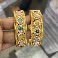 Sai Fashion Gold Plated Pota Stone And Pearls Openable Bangles Set