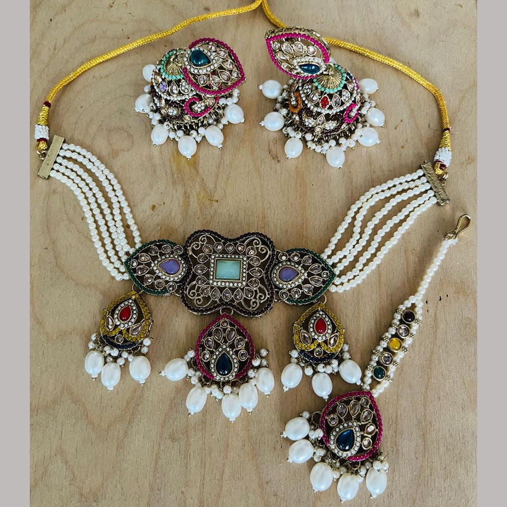Sai Fashion Gold Plated Crystal Stone Pearl And Beads Choker Necklace Set
