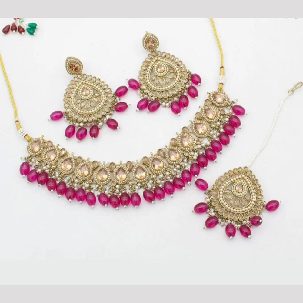 Sai Fashion Gold Plated Crystal Stone And Pearls Choker Necklace Set