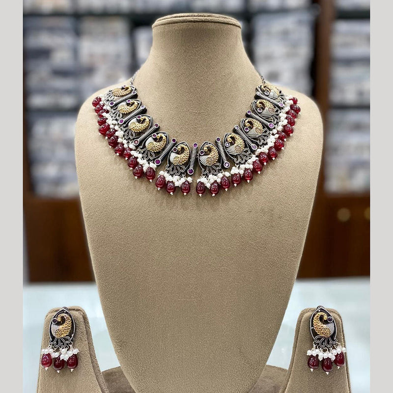 Shagna Oxidised Plated Pota Stone And Beads Necklace Set