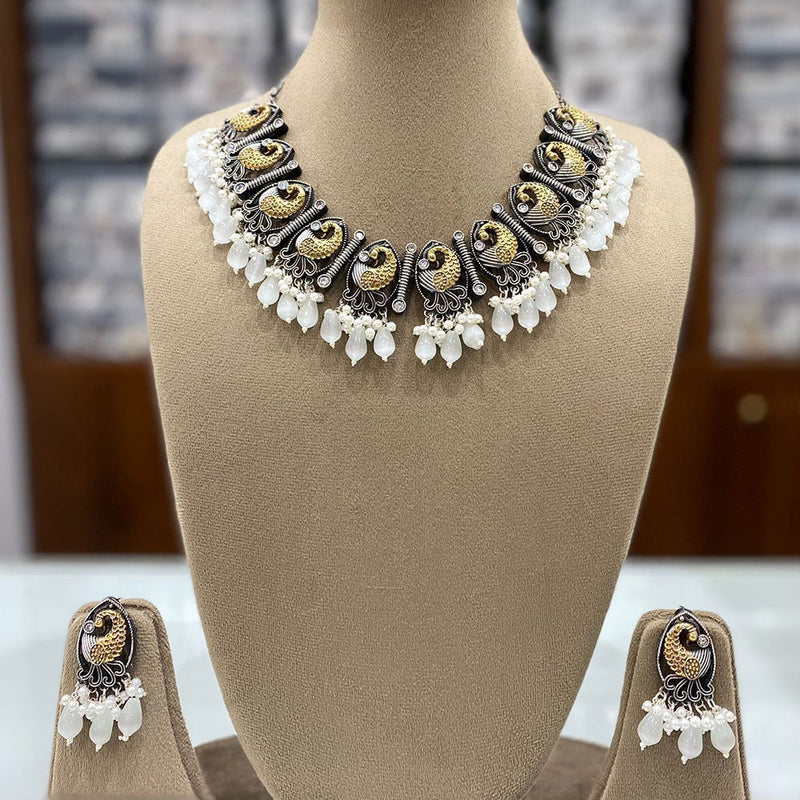 Shagna Oxidised Plated Pota Stone And Beads Necklace Set