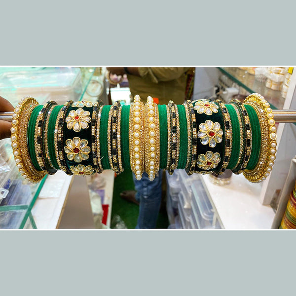 Shagna Gold Plated Crystal Stone And Pearl Velvet Bangles Set